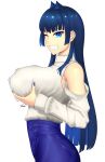  1girl ass bare_shoulders blue_hair blue_nails blunt_ends breast_lift breasts clothing_cutout colored_inner_hair covered_nipples dark_blue_hair denim ear_piercing grabbing_own_breast grin hair_intakes high-waist_pants highres hololive hololive_english huge_breasts large_breasts long_hair long_sleeves looking_at_viewer motion_lines multicolored_hair official_alternate_costume official_alternate_hairstyle one_eye_closed ouro_kronii pants piercing ryu_seung shoulder_cutout signature simple_background smile solo sweater sweater_tucked_in tsurime turtleneck virtual_youtuber white_background white_sweater 