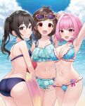  #unicus_(idolmaster) 3girls ahoge aqua_hair arm_up armpits ass back beach bikini black_eyes black_hair blue_bikini blue_sky bob_cut breasts brown_hair cleavage collarbone colored_inner_hair frilled_bikini frills groin hair_intakes highres idolmaster idolmaster_cinderella_girls idolmaster_cinderella_girls_starlight_stage jewelry large_breasts looking_at_viewer medium_breasts multicolored_hair multiple_girls navel open_mouth outdoors pink_eyes pink_hair pink_innertube red_eyes ring sakura_ran sky smile stomach sunazuka_akira swimsuit thighs tsujino_akari twintails two-tone_hair v-shaped_eyebrows x yellow_innertube yumemi_riamu 