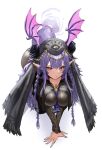  1girl arknights blue_nails breasts flower hair_flower hair_ornament head_wings highres horn/wood large_breasts long_hair looking_at_viewer manticore_(arknights) pantyhose pink_eyes pointy_ears purple_hair sidelocks solo veil wings 