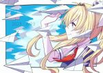  1girl air_(visual_novel) am1582 blonde_hair blue_eyes blue_sky cloud cross_ornament dated kamio_misuzu long_hair necktie paper_airplane ponytail profile red_necktie school_uniform shirt sidelocks sky solo upper_body white_shirt 