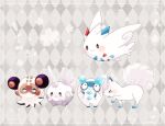  &gt;_&lt; ^_^ alolan_vulpix animal_focus argyle argyle_background border clobbopus closed_eyes colored_skin commentary_request flying galarian_corsola galarian_darumaka grey_background hanabusaoekaki multiple_tails no_humans pokemon pokemon_(creature) red_eyes smile solid_oval_eyes standing tail teeth togekiss white_border white_fur white_skin wings 