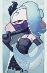  1girl bare_shoulders black_dress black_gloves blue_background blue_hair collarbone commentary dress elbow_gloves folding_fan gloves hair_over_one_eye hand_fan highres holding holding_fan jewelry mask medium_hair mouth_mask necklace pillarboxed red_eyes shiver_(splatoon) solo splatoon_(series) splatoon_3 strapless strapless_dress tentacle_hair yattpki3wfyvsm5 