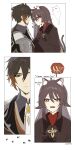  1boy 1girl absurdres animal_ears black_hair boo_tao_(genshin_impact) brown_hair cat_ears cat_girl cat_tail eyeliner eyeshadow face-to-face fangs flower-shaped_pupils genshin_impact ginseng hair_between_eyes highres hu_tao_(genshin_impact) jacket korean_text long_hair long_sleeves looking_at_viewer makeup open_mouth red_eyes red_eyeshadow shirt smelling sp0i0ppp suit symbol-shaped_pupils tail translation_request twintails twitter_username yellow_eyes zhongli_(genshin_impact) 