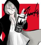  1girl absurdres black_hoodie breasts cleavage grey_eyes grey_hair hair_between_eyes hidarikiki_no_eren highres holding hood hoodie nifuni shirt simple_background solo spray_paint thank_you white_shirt yamagishi_eren 