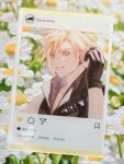  1boy absurdres aqua_eyes armor black_gloves blonde_hair cloud_strife earrings final_fantasy final_fantasy_vii final_fantasy_vii_advent_children flower gloves hand_in_own_hair hao_xiang_yishui_bu_xing highres instagram jewelry male_focus parted_lips photo_background popped_collar shirt short_hair single_earring sleeveless sleeveless_shirt smile solo spiked_hair white_flower 