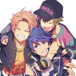  3boys akiyama_hayato baseball_cap blue_hair choker closed_eyes clothes_writing fingerless_gloves gloves green_hair grin group_hug hat hug idolmaster idolmaster_side-m jacket kabuto_daigo long_sleeves male_focus map_(map_imas) multicolored_hair multiple_boys one_eye_closed orange_eyes pink_hair shirt sleeveless smile streaked_hair taiga_takeru teeth unamused 