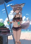  1girl ahoge animal_ear_fluff animal_ears arknights bare_shoulders beach bikini black_bikini blue_eyes drink extra_ears flat_chest fox_ears fox_girl fox_tail hair_ornament hairclip highres holding holding_drink mikeneko90 navel ocean off-shoulder_bikini off_shoulder official_alternate_costume oripathy_lesion_(arknights) outdoors radio see-through short_hair short_twintails smile solo sussurro_(arknights) sussurro_(summer_flower)_(arknights) swimsuit tail twintails 