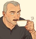  1boy aaron_gruber_(o_natsuo88) beard_stubble black_shirt cup drinking facial_hair grey_hair highres holding holding_cup looking_to_the_side male_focus mature_male mustache o_natsuo88 old old_man original receding_hairline scar scar_on_cheek scar_on_face shirt short_hair tea thick_eyebrows thick_mustache upper_body wrinkled_skin yellow_background 
