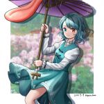  1girl blue_eyes blue_hair blue_skirt blue_vest blurry blurry_background character_name closed_mouth commentary_request cross-laced_clothes dated flower heterochromia holding holding_umbrella juliet_sleeves karakasa_obake kyabekko long_sleeves looking_at_viewer oil-paper_umbrella outdoors puffy_sleeves purple_umbrella rain red_eyes shirt short_hair skirt smile solo tatara_kogasa tongue touhou umbrella variant_set vest white_shirt 