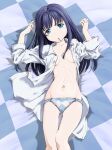  1girl arms_up bed_sheet blue_eyes blue_hair blue_panties breasts closed_mouth collarbone dark_blue_hair feet_out_of_frame hair_in_own_mouth highres lace lace_panties long_hair looking_at_viewer lying marutaya navel on_back on_bed open_clothes open_shirt panties ribs shirt skinny small_breasts solo stomach tsurumi_rumi underwear white_shirt yahari_ore_no_seishun_lovecome_wa_machigatteiru. 