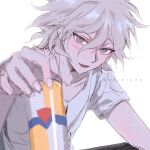  1boy :d artist_name boleum_(dgrpluna) can collarbone danganronpa_(series) danganronpa_2:_goodbye_despair grey_hair grey_shirt hair_between_eyes hand_up highres holding holding_can komaeda_nagito male_focus messy_hair no_jacket open_mouth shirt short_sleeves simple_background smile solo white_background 