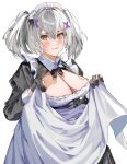  1girl absurdres alternate_costume apron black_bow black_bowtie black_dress black_gloves black_ribbon blush bow bowtie breasts character_request check_character cleavage clothes_lift collared_dress dress dress_lift embarrassed gloves grey_hair hair_ornament highres large_breasts long_hair looking_at_viewer maid maid_apron maid_headdress neck_ribbon orange_eyes parted_lips punishing:_gray_raven ribbon rosetta_(punishing:_gray_raven) skirt skirt_lift solo sweatdrop two_side_up white_background white_dress x_hair_ornament yongsadragon 