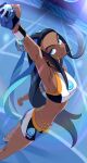  1girl absurdres aqua_eyes aqua_hair arm_up armpits belly_chain bike_shorts black_hair blue_eyeshadow closed_mouth commentary_request dark-skinned_female dark_skin dive_ball dynamax_band earrings eyeshadow gloves hair_bun highres hoop_earrings jewelry long_hair makeup multicolored_hair nessa_(pokemon) onimoti partially_fingerless_gloves pokemon pokemon_(game) pokemon_swsh sandals single_glove single_hair_bun smile solo standing two-tone_hair 