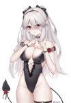  1girl absurdres animal_ears arm_strap bare_shoulders bella_(vtuber) black_bow black_choker black_leotard blush bow breasts cameltoe choker cleavage closed_mouth covered_navel cowboy_shot demon_girl demon_tail ear_piercing earrings fang flower grey_hair groin hair_between_eyes hair_bow hair_ornament hairband heart heart_hands highleg highleg_leotard highres horns indie_virtual_youtuber jewelry lace_trim large_breasts leotard long_hair looking_at_viewer michoart piercing pointy_ears red_eyes red_flower red_rose rose simple_background skindentation solo standing tail tail_ornament thigh_gap thigh_strap thighs twintails twitter_username two_side_up white_background white_hair wristband 