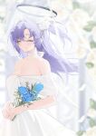  1girl bechu blue_archive blue_butterfly blue_eyes blue_flower blue_rose blurry blurry_background blush breasts bridal_veil bug butter butterfly choker cleavage closed_eyes dress flower food hair_between_eyes hair_flower hair_ornament halo highres holding holding_flower long_hair medium_breasts off-shoulder_dress off_shoulder petals purple_eyes purple_hair rose smile solo strapless strapless_dress two_side_up veil wedding_dress white_choker white_dress white_flower white_rose yuuka_(blue_archive) 