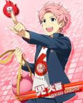  1boy ahoge blue_eyes blush card_(medium) character_name holding idolmaster idolmaster_side-m jacket kabuto_daigo looking_at_viewer male_focus official_art open_clothes open_jacket open_mouth pink_background pink_hair pointing shirt smile solo teeth upper_teeth_only 