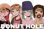  4girls alternate_hair_color animal_hood aqua_hair bead_necklace beads blonde_hair blue_eyes closed_mouth column_lineup commentary covering_own_ears donut_hole_(vocaloid) doughnut english_commentary facial_mark food goggles goggles_on_head green_hair gumi hair_ornament hairclip hat hatsune_miku holding holding_food hood jacket jewelry kagamine_rin long_hair looking_at_viewer megurine_luka multiple_girls necklace piano_(agneschen) print_shirt red_hair serious shirt short_hair simple_background song_name twintails vocaloid yellow_eyes 