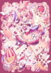  1girl animal_ears asymmetrical_legwear bow bowtie commentary cup holding holding_spoon holding_staff hyou_(pixiv3677917) mismatched_legwear open_mouth original pink_background pink_eyes pink_hair rabbit_ears shoes short_hair smile spoon staff symbol-only_commentary wings 