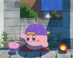  backwards_hat bandaid bandaid_on_face baseball_cap blue_eyes blue_headwear blush_stickers esp_kirby grass hat kirby kirby_(series) miclot no_humans open_mouth outdoors pink_footwear shoes water_balloon water_yoyo yo-yo 