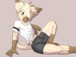  2021 anthro arm_support balls_outline bent_leg bike_shorts black_nose blonde_hair blue_eyes blush bottomwear bulge cheek_tuft claws clothed clothing clothing_lift cute_fangs dipstick_ears dipstick_tail domestic_cat facial_tuft felid feline felis front_view fur genital_outline gloves_(marking) hair hair_over_eye hi_res leg_markings looking_at_viewer male mammal markings multicolored_ears navel one_eye_obstructed penis_outline pinup portrait pose reclining ricky945 seductive shirt shirt_lift shorts simple_background sitting smile socks_(marking) solo t-shirt tail tail_markings tan_background tan_body tan_fur tight_bottomwear tight_clothing tight_shorts tongue tongue_out topwear tuft white_claws white_clothing white_shirt white_t-shirt white_topwear 