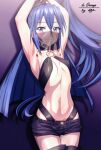  1girl armpits arms_up blue_eyes blue_hair blue_shorts blush breasts closed_mouth collarbone kazanari_tsubasa long_hair looking_at_viewer mouth_veil navel presenting_armpit senki_zesshou_symphogear shorts side_ponytail slingshot_swimsuit small_breasts solo swimsuit uganda_(ugandam_00) underboob veil 