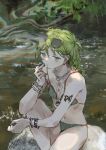  1girl absurdres aqua_nails benikusochan bikini bracelet cigarette green_eyes green_hair highres jewelry knee_up looking_at_viewer navel necklace original river rock smoke smoking solo sunglasses swimsuit tattoo water 