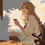  1girl alcohol alternate_costume artist_logo blonde_hair brown_eyes cup drinking_glass haruto_(harut_n) kantai_collection long_hair looking_at_viewer one-hour_drawing_challenge shirt sitting smile solo table wavy_hair white_shirt wine wine_glass zara_(kancolle) 