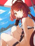  1girl antenna_hair arm_rest azur_lane beach beach_umbrella bikini bird black_bikini blue_sky bottle cloud coca-cola commission frilled_bikini frills highres holding holding_bottle jersey_(azur_lane) knees_up long_hair looking_at_viewer low_twintails nyucha ocean red_hair seagull sitting sky soda soda_bottle solo swept_bangs swimsuit twintails umbrella water 