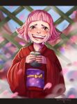  1girl artist_name blunt_bangs blush child crying crying_with_eyes_open female_child highres holding magikee1 one_piece open_mouth orange_eyes pink_hair realistic short_hair smile solo tearing_up tears teeth toko_(one_piece) 