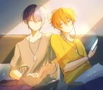  2boys aoyagi_touya blonde_hair blue_hair cat closed_mouth commentary dark_blue_hair earphones english_commentary grey_shirt hair_between_eyes highres holding holding_phone indoors jewelry looking_at_another male_focus mole mole_under_eye multicolored_hair multiple_boys necklace orange_eyes orange_hair phone project_sekai rea_(tireamisu_) shinonome_akito shirt short_hair short_sleeves smile split-color_hair streaked_hair twitter_username two-tone_hair yellow_shirt 