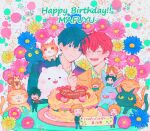  bibibimix39 birthday_cake black_hair blue_eyes blush cake cardigan cat closed_eyes closed_mouth collared_shirt floral_print food fruit given happy_birthday kaji_akihiko murata_ugetsu nakayama_haruki nut_(food) open_mouth plate rabbit red_hair shirt smile snowflake_print squirrel star_(symbol) star_print strawberry table white_background yagi_shizusumi_(given) yoshida_yuki_(given) 