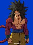  1boy absurdres arms_at_sides artist_name baggy_pants biceps black_hair blood blood_from_mouth blue_sash blue_wristband blurry blurry_background body_fur closed_mouth collarbone commentary_request dragon_ball dragon_ball_gt frown highres horang4628 korean_commentary long_hair looking_away looking_to_the_side male_focus monkey_tail muscular muscular_male pants pectorals red_fur sash scratches serious simple_background solo son_goku spiked_hair standing super_saiyan super_saiyan_4 tail torn_clothes twitter_username v-shaped_eyebrows wristband yellow_eyes yellow_pants 