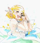  1boy 1girl armlet bikini bikini_top_only blonde_hair blush bracelet closed_eyes flower giant giantess great_fairy_(zelda) hair_ornament hands_on_own_cheeks hands_on_own_face highres jewelry link nskcizlnk open_mouth panicking pointy_ears princess_zelda screaming short_hair simple_background smile swimsuit the_legend_of_zelda the_legend_of_zelda:_breath_of_the_wild the_legend_of_zelda:_tears_of_the_kingdom 