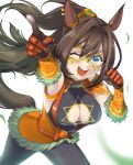  1girl animal_ears armpits bare_shoulders black_pantyhose breasts brown_hair cleavage cleavage_cutout clothing_cutout commentary_request cowboy_shot domino_mask ear_ornament ear_piercing el_condor_pasa_(kukulkan_monk)_(umamusume) el_condor_pasa_(umamusume) fantasy_world_umanest_(umamusume) gloves gmmrn hair_between_eyes horse_ears horse_girl horse_tail large_breasts long_hair mask official_alternate_costume one_eye_closed pantyhose piercing pointing pointing_at_viewer ponytail shirt simple_background sleeveless sleeveless_shirt smile solo tail teeth umamusume very_long_hair white_background 