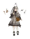  1girl bag black_bow black_bowtie black_eyes black_footwear black_gemstone black_hair blush bow bowtie brown_bag buttons checkered_clothes closed_mouth constellation crescent demon demon_horns doll_joints dress flower frills gem grey_dress hair_bow hand_up horns jar jewelry joints kneehighs light_smile long_hair looking_ahead looking_at_viewer multicolored_hair multicolored_horns necklace orange_flower original puffy_sleeves smile socks starshadowmagician striped taurus_(zodiac) white_background white_bow white_hair white_socks zodiac 
