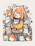  1girl animal animal_ear_fluff animal_ears artist_request bird black_eyes blonde_hair blush_stickers cat cat_ears closed_mouth cloud_print flower grey_background grey_pants heart highres holding holding_animal holding_cat jacket leaf long_sleeves looking_at_viewer original pants red_flower short_hair smile solid_oval_eyes source_request spoken_heart sweater_jacket third-party_source yellow_jacket 