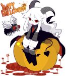  1girl bug demon_girl demon_horns demon_wings formal funamusea haiiro_teien hair_between_eyes halloween happy_halloween horn_piercing horns long_hair long_sleeves looking_at_viewer mogeko_(okegom) necktie open_mouth pale_skin pumpkin red_eyes red_necktie reficul_(haiiro_teien) shirt skirt solo suit tail vest white_hair wings 