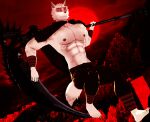  2023 3d_(artwork) anthro blood_moon canid canine canis clothing death_(puss_in_boots) digital_media_(artwork) fur glowing glowing_eyes grey_body grey_fur hi_res holding_object looking_at_viewer male malicekira mammal melee_weapon mmd muscular muscular_anthro muscular_male nipples polearm puss_in_boots_(film) puss_in_boots_the_last_wish red_eyes scythe smile solo weapon wolf 