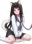  1girl animal_collar animal_ear_fluff animal_ears black_hair black_skirt blush breasts chitanda_eru collar dog_ears dog_tail grey_neckerchief highres hyouka kemonomimi_mode kneehighs leash looking_at_viewer medium_breasts mery_(yangmalgage) neckerchief pleated_skirt purple_eyes school_uniform serafuku shirt simple_background sitting skirt socks solo tail tongue wariza white_background white_shirt white_socks 