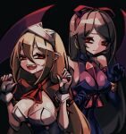  2girls :d allen_(makaroll) ascot bare_shoulders bat_wings black_background black_corset blonde_hair blood blood_on_breasts blood_on_face blood_on_hands blurry blush bow bow_hairband breasts brown_hair claw_pose cleavage cleavage_cutout closed_mouth clothing_cutout commentary corset cosplay costume_switch crystal dress earrings elbow_gloves embarrassed eyebrows_hidden_by_hair fangs gloves hair_between_eyes hair_bow hair_ornament hairband halloween hands_up hoop_earrings jewelry large_breasts leaning_forward long_hair looking_at_viewer lucia_(phantom_rose) lucia_(phantom_rose)_(cosplay) medium_breasts multiple_girls no_pupils open_mouth phantom_rose pink_bow pointy_ears puffy_short_sleeves puffy_sleeves purple_dress purple_gloves red_ascot red_bow red_eyes red_hairband red_sleeves reina_(phantom_rose) reina_(phantom_rose)_(cosplay) short_sleeves shrug_(clothing) sidelocks sideways_glance simple_background smile standing swept_bangs teeth translucent_hair underbust very_long_hair waist_bow wavy_mouth white_gloves wings 