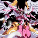  absurdres angelg black_background breasts closed_mouth falling_feathers feathers fingernails green_eyes helmet highres kds_(0049) large_breasts mecha_focus nipples no_humans outstretched_arms sharp_fingernails super_robot_wars super_robot_wars_original_generation white_feathers winged_helmet wings 