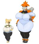  absurd_res anthro big_breasts blonde_hair blue_eyes bottomwear breasts camerupt clothing collar duo female generation_3_pokemon hair hi_res huge_breasts legwear nintendo numel orange_body orange_hair pokeball pokemon pokemon_(species) red_eyes shorts simple_background stockings sweater topwear urusee584 white_background yellow_body 