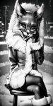  2023 ai_generated alice_the_vixen anthro canid canine chair clothing coat crossed_legs fangs female fur furniture gloves handwear hybrid mammal monochrome open_mouth open_smile smile snow solo teeth tiny_bunny topwear winter winter_coat 