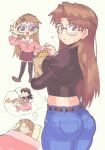  2girls adjusting_eyewear ass azumanga_daioh belt black_shirt black_thighhighs brown_eyes brown_footwear brown_hair denim dreaming eating fishing_rod food from_behind frown glasses highres holding holding_fishing_rod inkerton-kun jeans long_hair looking_at_viewer midriff mizuhara_koyomi multiple_girls multiple_views pants pink_shirt pleated_skirt purple_skirt sailor_collar sailor_shirt school_uniform shirt shoes simple_background skirt sleeping sweatdrop taiyaki takino_tomo thighhighs wagashi white_sailor_collar zettai_ryouiki 