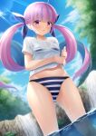  1girl 7fuji_06 absurdres bikini blue_hair blush bow braid commentary_request day groin hair_bow halterneck highres hololive long_hair looking_at_viewer low_twintails minato_aqua multicolored_hair navel open_mouth outdoors partially_underwater_shot pink_eyes pink_hair see-through see-through_shirt shirt short_sleeves sky solo striped striped_bikini sunlight swimsuit t-shirt twintails two-tone_hair very_long_hair virtual_youtuber water water_drop waterfall wet wet_clothes wringing_clothes 
