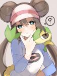  1girl :t ? blush bright_pupils brown_hair commentary_request double_bun green_eyes hair_bun hand_on_own_chin hand_up long_hair looking_at_viewer pokemon pokemon_(creature) pokemon_(game) pokemon_bw2 pokemon_on_back raglan_sleeves rosa_(pokemon) shirt shorts snivy spoken_question_mark stroking_own_chin twintails ume_(ume_445) visor_cap yellow_shorts 