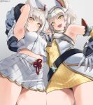  2girls animal_ears armpits bare_shoulders black_panties blush breasts cat_ears closed_mouth grey_hair highres jtveemo looking_at_viewer medium_breasts mio_(xenoblade) multiple_girls nia_(xenoblade) open_mouth panties short_hair smile thighs underwear variant_set xenoblade_chronicles_(series) xenoblade_chronicles_3 yellow_eyes 