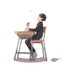  1boy black_hair black_pants chair dated desk ekubo_(mob_psycho_100) flower from_side full_body gakuran highres holding holding_flower kageyama_shigeo long_sleeves looking_up male_focus mob_psycho_100 pants profile school_chair school_desk school_uniform shadow shoes short_hair simple_background sitting socks uwabaki white_background white_socks wrapper xxx478xxx 