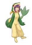 1girl :d absurdres cosplay flower freckles full_body hair_between_eyes hair_flower hair_ornament highres kigurumi league_of_legends multicolored_hair neeko_(league_of_legends) open_mouth pink_flower purple_hair red_hair simple_background smile snivy snivy_(cosplay) solo sookmo two-tone_hair white_background yellow_eyes 