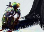  1boy absurdres back blonde_hair drawing exhausted fingerless_gloves full_body gloves green_headwear green_tunic hat highres hylian_shield knee_up link outdoors scribble shield short_hair solo squatting sword the_legend_of_zelda the_legend_of_zelda:_ocarina_of_time tree warningyou weapon 